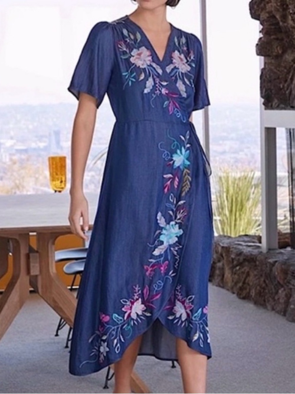 Johnny Was Nico Embroidered Navy Floral Wrap Midi Dress